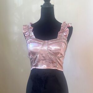 Pink Gold Metallic Ruffled Crop Top